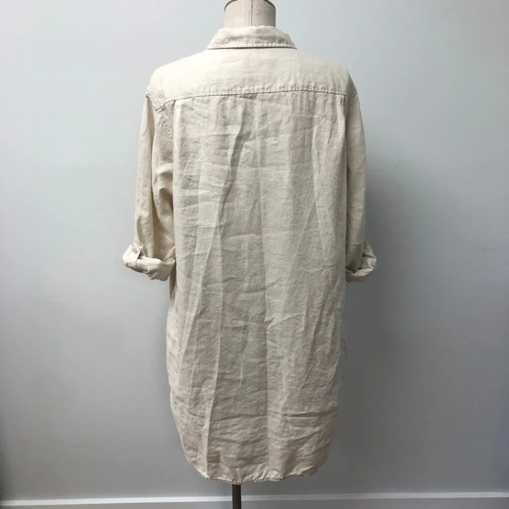 Quince Shirt Dress Womens L Sand 100% European Linen Button Front Long Sleeve